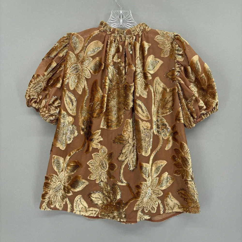 Ulla Johnson Blouse 2 Brown Floral Velvet Puff Sleeve Tunic Top Metallic Party